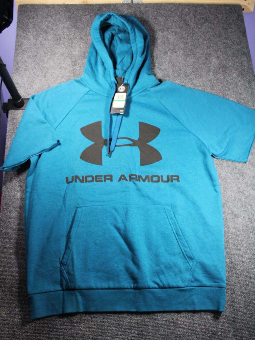 NWT Under Armour Men's Short Sleeve Hoodie Blue Graphic Logo Pullover Size L